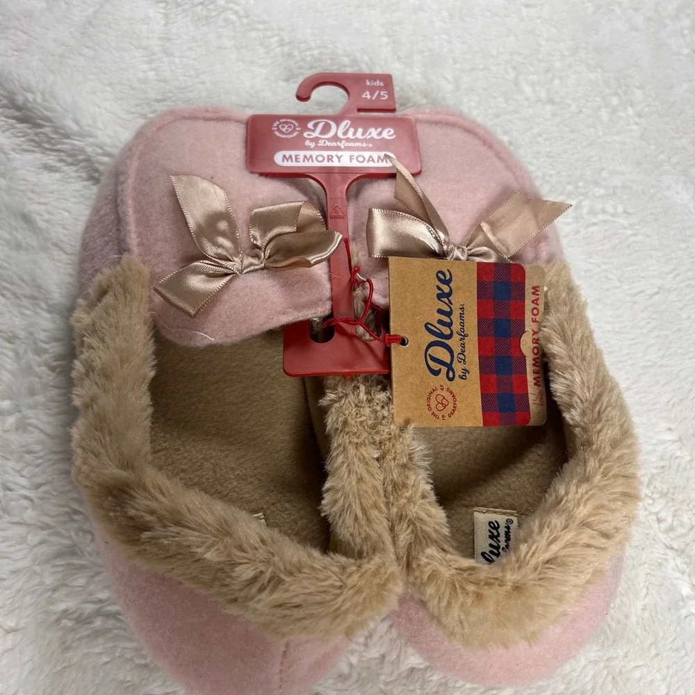 Dluxe by Dearfoams Kids Pink Memory Foam Slippers Bows Size 4‎ 5 NWT